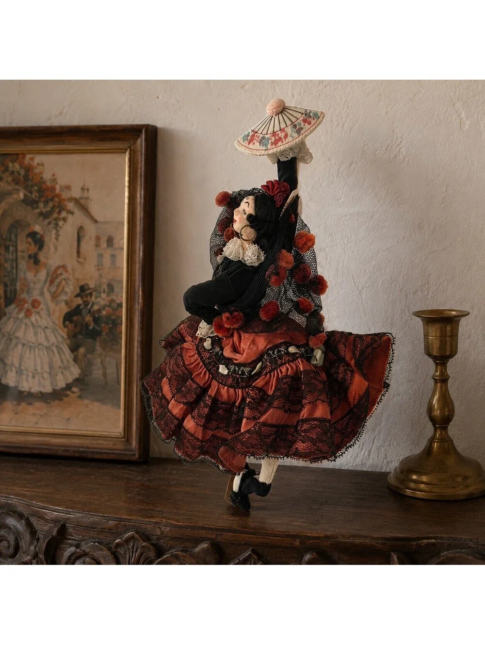 Vintage Spanish Flamenco Dancer Cloth Doll Madrid Tag 11.75 Inch
